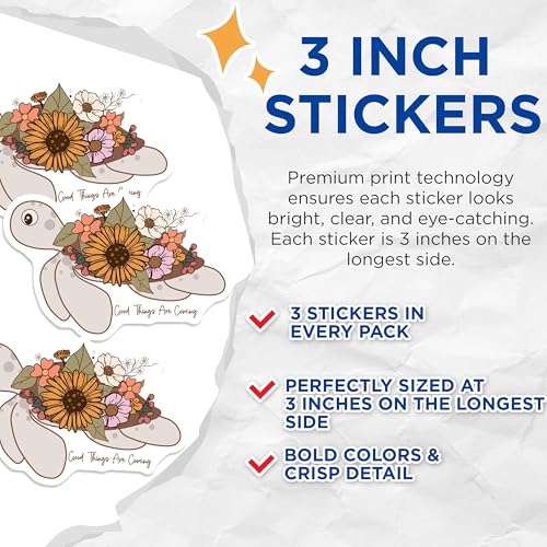 (3 Pack) Turtle Decals - Boho Floral Turtle - Laptop Decals- 3 Inches On Longest Side - Easy Peel & Apply - Made in USA - 3MCS5736