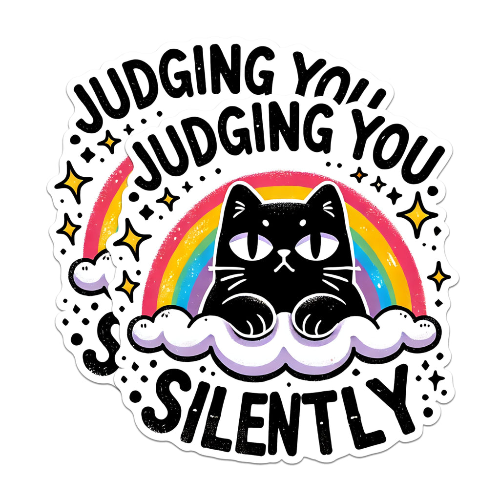 (2 Pack) Judging You Silently Stickers - Funny Cat Stickers - Rainbow Cat Stickers - Humor Stickers for Laptops - 5" On Longest Side - Sticks to Any Smooth Flat Surface - Made in USA - BMCS2786