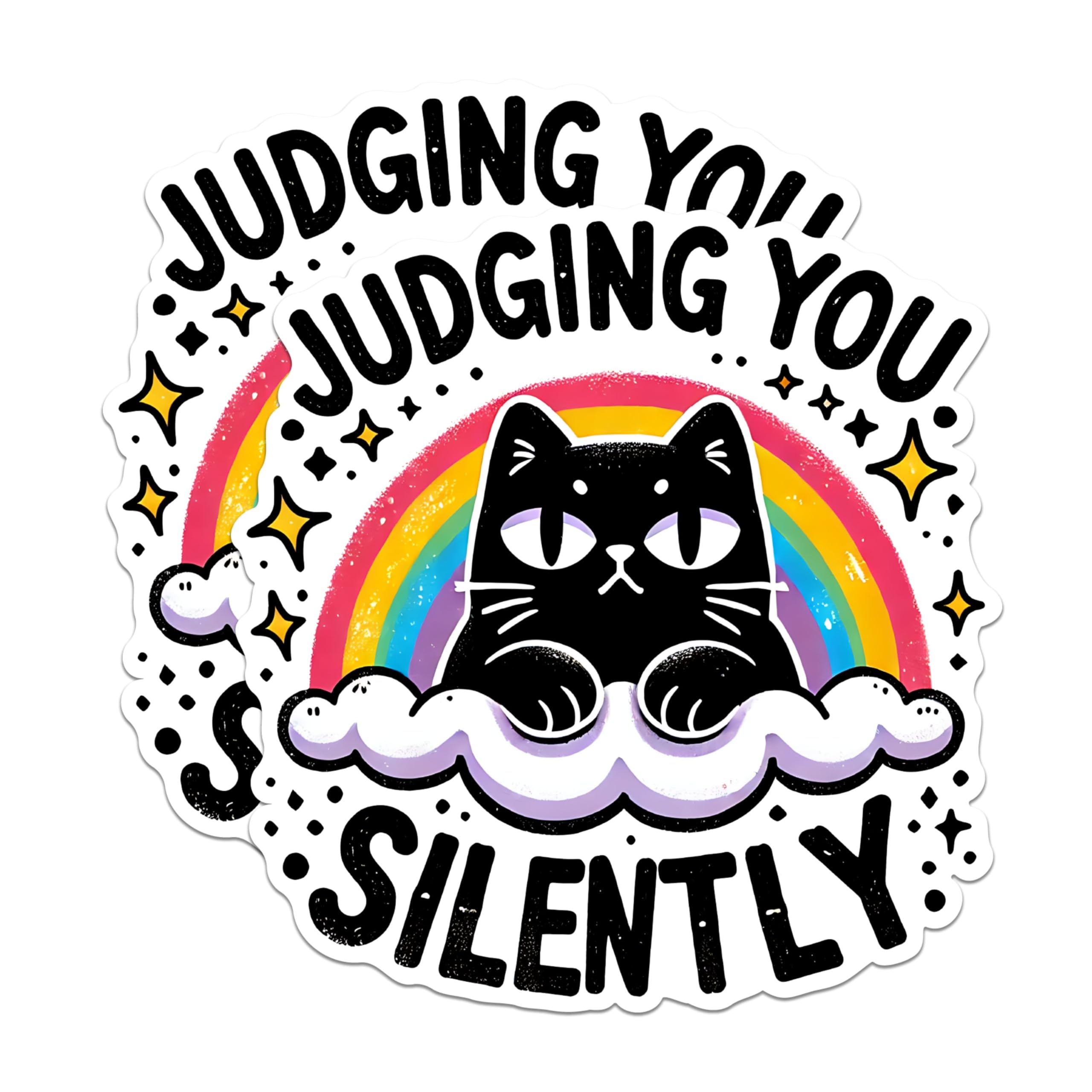 (2 Pack) Judging You Silently Stickers - Funny Cat Stickers - Rainbow Cat Stickers - Humor Stickers for Laptops - 5" On Longest Side - Sticks to Any Smooth Flat Surface - Made in USA - BMCS2786