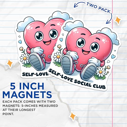 (2 Pack) Heart Shape Self-Love Social Club Magnets - 5" On Longest Side - for Cars, Fridges, Toolboxes - Made in USA - MAG7514