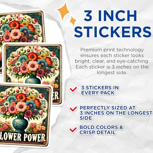 (3 Pack) Flower Power Decals - Floral Bouquet - Vintage Style Decal- 3 Inches On Longest Side - Easy Peel & Apply - Made in USA - 3MCS5961