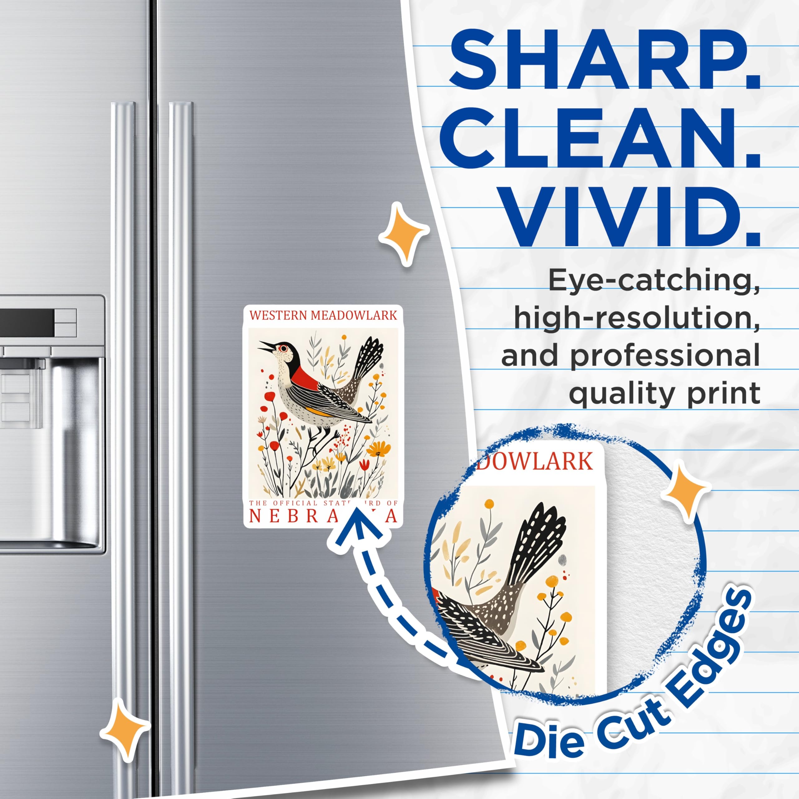 (2 Pack) Western Meadowlark Magnets - Nebraska State Bird - Bird Lover Decor - 5" On Longest Side - Premium Magnet - for Cars, Refrigerators, Toolboxes, Lockers - Made in USA - MAG17551
