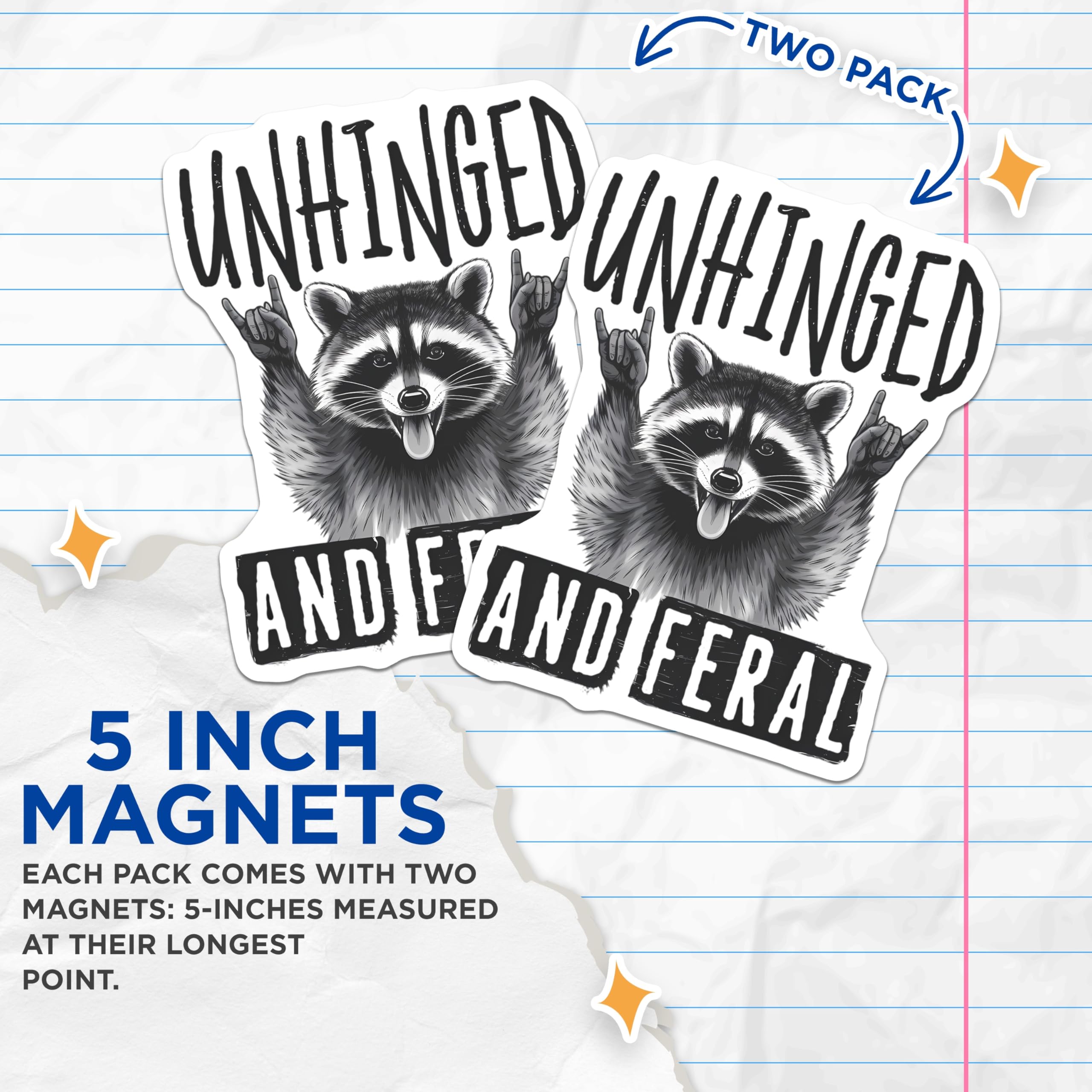 (2 Pack) Unhinged Raccoon Magnets - Feral Animal Decor - Rock and Roll Trash Panda - Refrigerator Locker Funny Magnetic - 5 Inches On Longest Side - Thick Durable Magnet - Made in USA - MAG22145