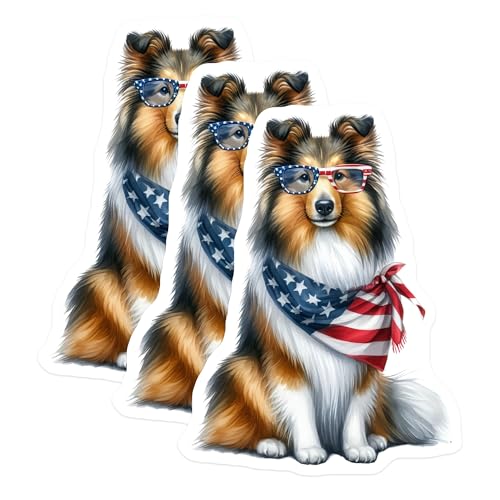 (3 Pack) Sheltie Dog Decals - Patriotic American - Laptop Decals- 3 Inches On Longest Side - Easy Peel & Apply - Made in USA - 3MCS5465