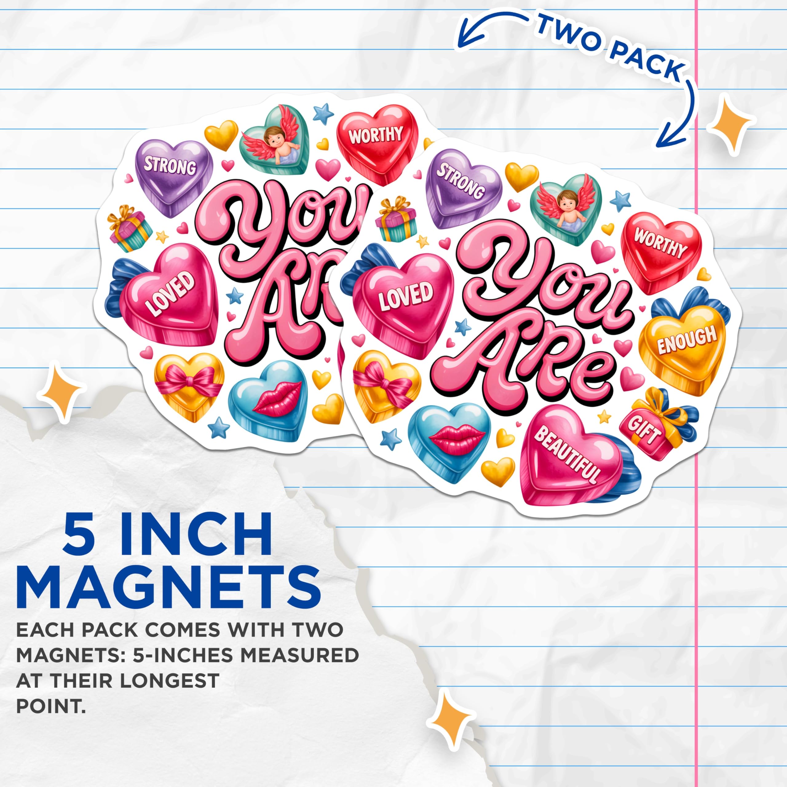 (2 Pack) Inspirational Affirmation Magnets - You are Loved Worthy Strong Enough Beautiful - Positive Candy Heart Art Decor - 5 Inches On Longest Side - Thick Durable Magnet - Made in USA - MAG23630