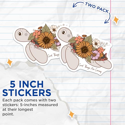 (2 Pack) Turtle Floral Stickers - Motivational Stickers - Cute Nature Stickers - 5" On Longest Side - Sticks to Smooth Flat Surfaces - Made in USA - BMCS6972