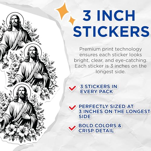 (3 Pack) Jesus Floral Decals - Religious Sticker - Christian Art Decals - 3 Inches On Longest Side - Easy Peel & Apply - Made in USA - 3MCS6087