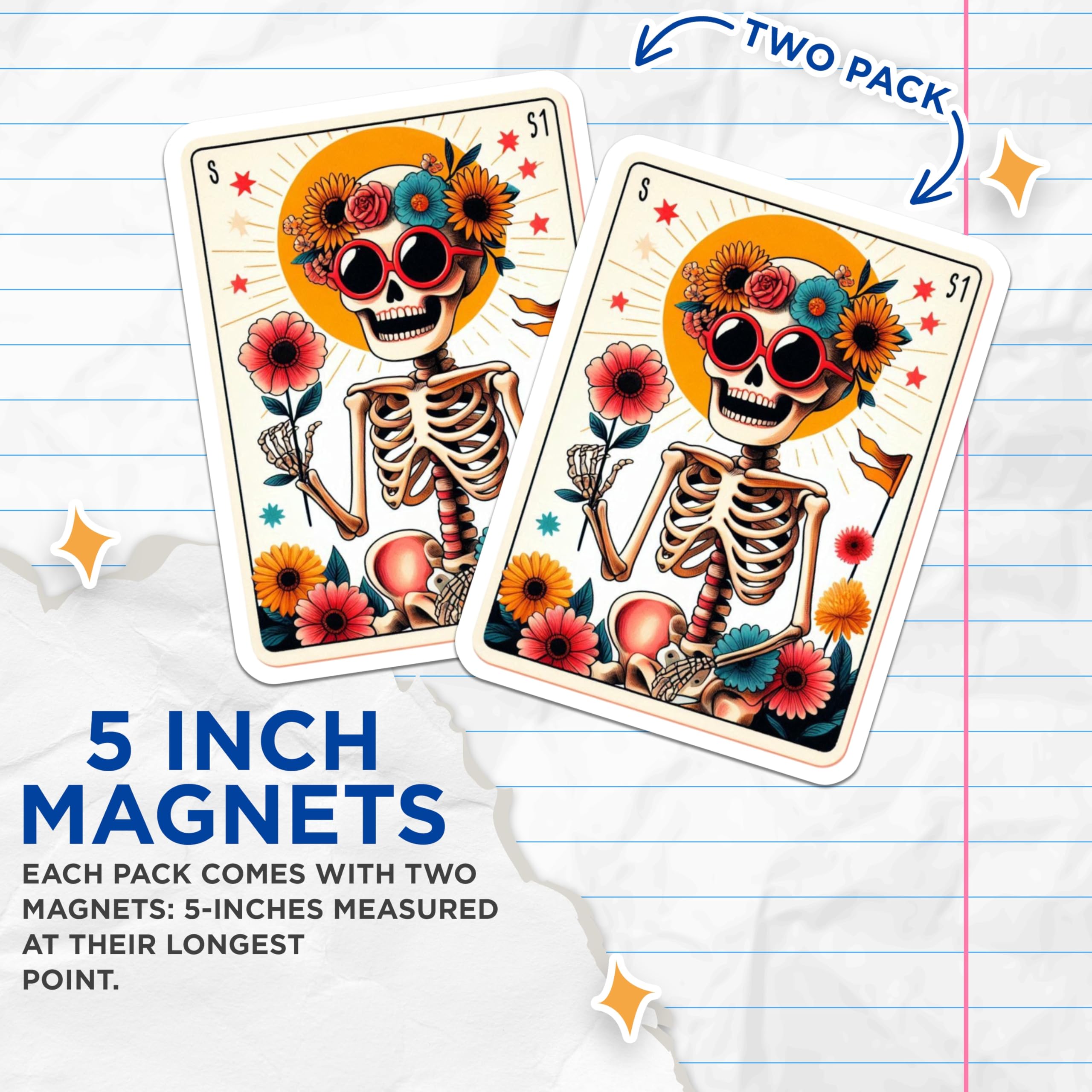 (2 Pack) Flower Crown Skeleton Magnets - Dia de Los Muertos Decor - Bohemian Floral Skull Art - Happy Day of Dead Shrine - 5 Inches On Longest Side - Thick Durable Magnet - Made in USA - MAG21238