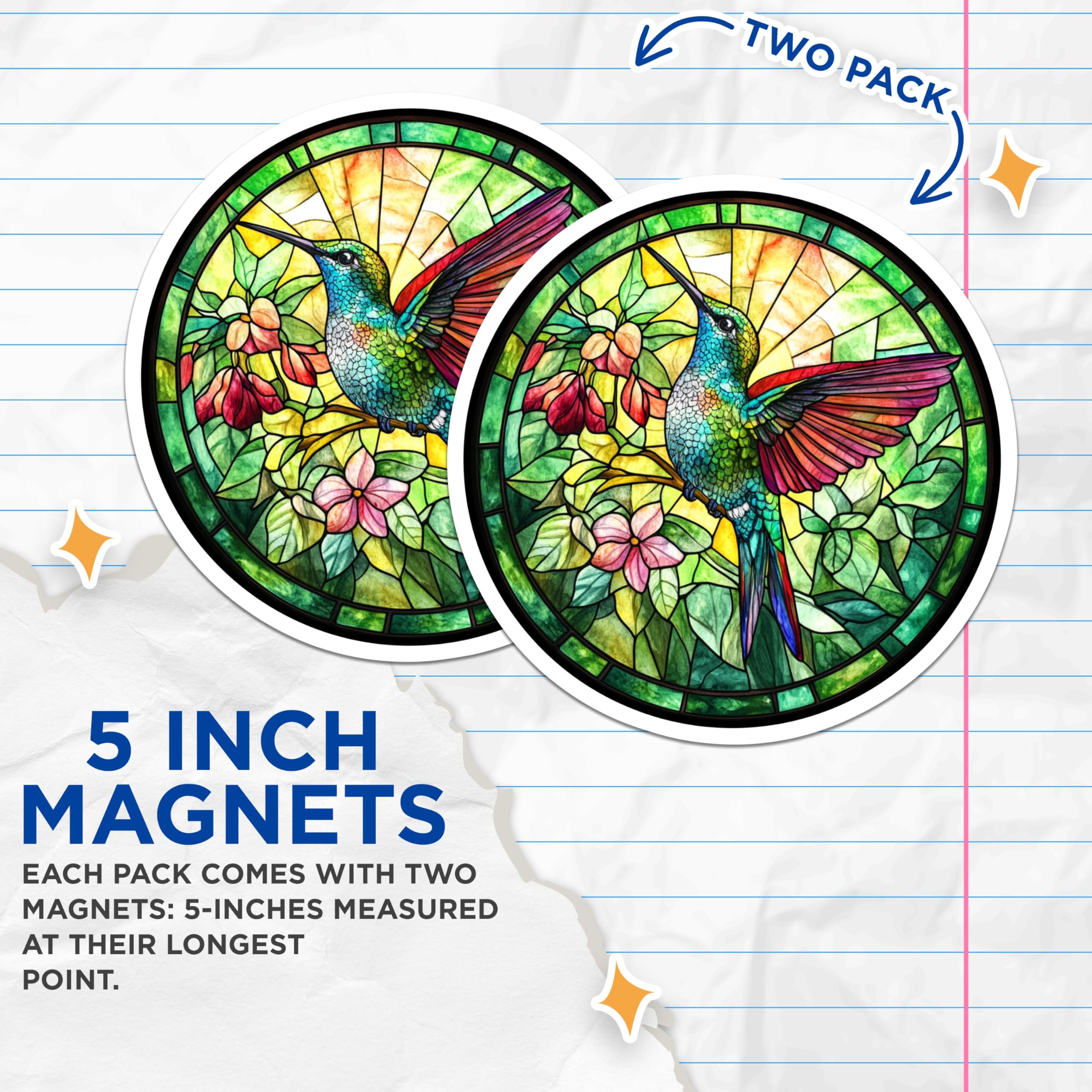 (2 Pack) Hummingbird Stained Glass Magnets - Vibrant Bird Art Decor - Nature Lover Fridge Accents - 5 Inches On Longest Side - Thick Durable Magnet - Made in USA - MAG25599