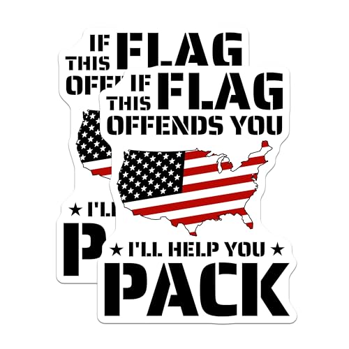 (2 Pack) Flag Offends You Stickers - American Flag - Patriotic Quote - 5" On Longest Side - Sticks to Smooth Flat Surfaces - Made in USA - BMCS5739
