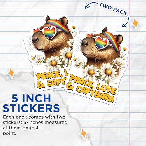 (2 Pack) Peace Love Capybara Stickers - Cute Animal Stickers - Rainbow Sunglasses Stickers - 5" On Longest Side - Sticks to Smooth Flat Surfaces - Made in USA - BMCS3750