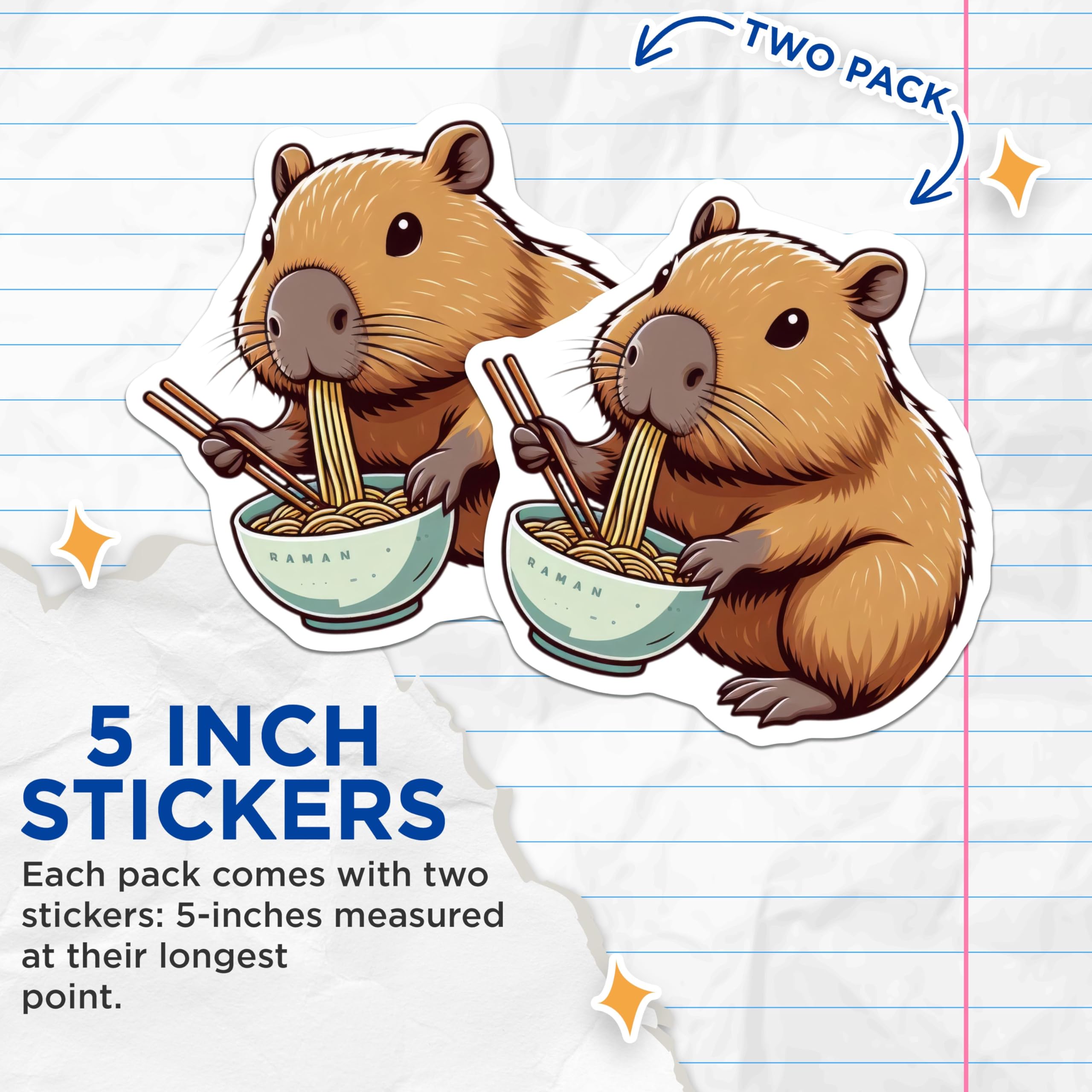 (2 Pack) Capybara Eating Ramen Stickers - Cute Animal Sticker - Fun Noodle Art - 5" On Longest Side - Sticks to Smooth Flat Surfaces - Made in USA - BMCS9915