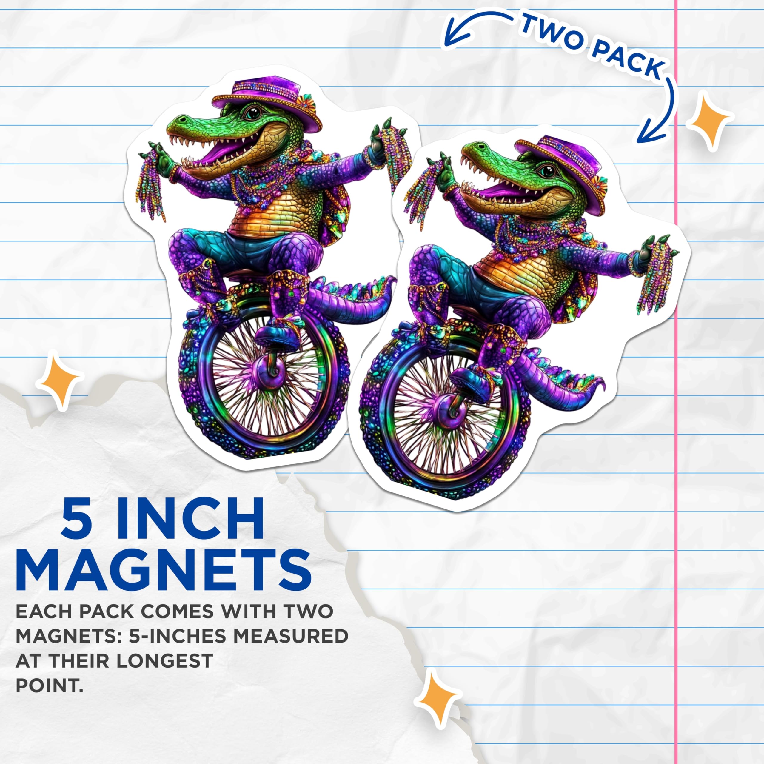 (2 Pack) Alligator Mardi Gras Magnets - Funny Gator Decor - Unique Fridge Magnets - 5" On Longest Side - Premium Magnet - for Cars, Refrigerators, Toolboxes, Lockers - Made in USA - MAG15547