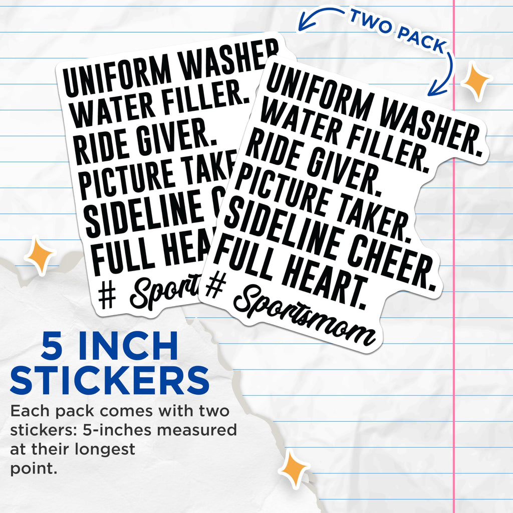 (2 Pack) Sports Mom Stickers - Uniform Washer Ride Giver Stickers - Sideline Cheer Full Heart Stickers - 5" On Longest Side - Sticks to Any Smooth Flat Surface - Made in USA - BMCS3074