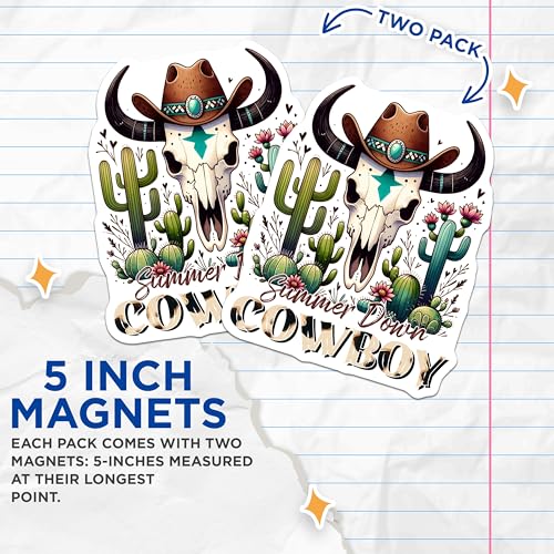(2 Pack) Summer Down Cowboy Magnets - Western Skull - Cactus and Hat - Rustic Western Decor - 5" On Longest Side - for Cars, Refrigerators, Toolboxes, Lockers - Made in USA BMCS3145