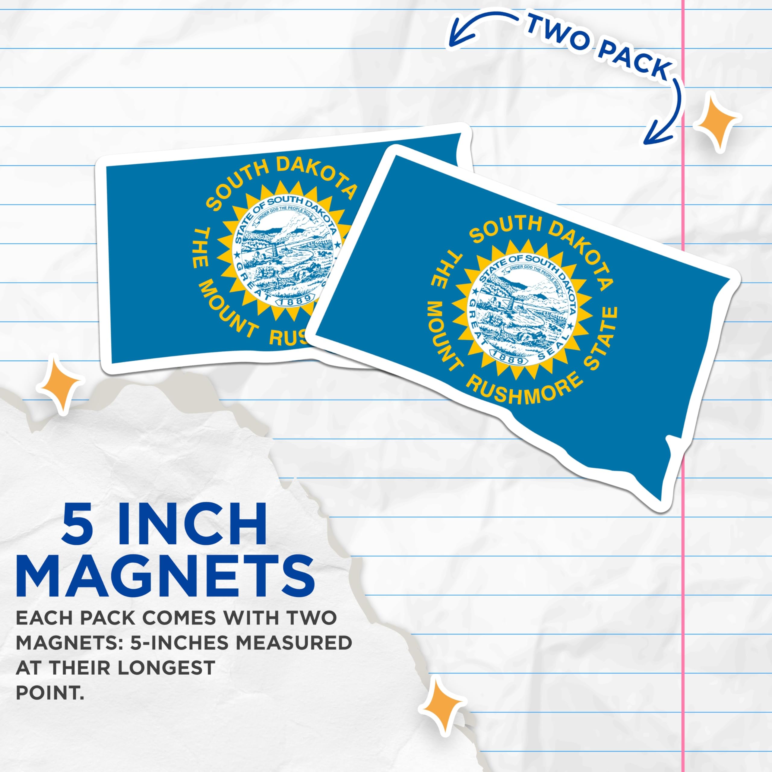 (2 Pack) South Dakota State Flag Magnets - Mount Rushmore State Emblem Decor - Historic 1889 Seal Collectible Magnet - 5 Inches On Longest Side - Thick Durable Magnet - Made in USA - MAG22404