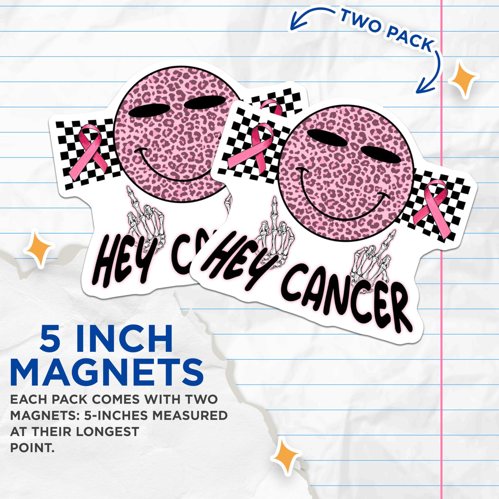 (2 Pack) Hey Cancer Magnets - Pink Ribbon - Breast Cancer Awareness - 5" On Longest Side - Premium Magnet - for Cars, Refrigerators, Toolboxes, Lockers - Made in USA - MAG16653
