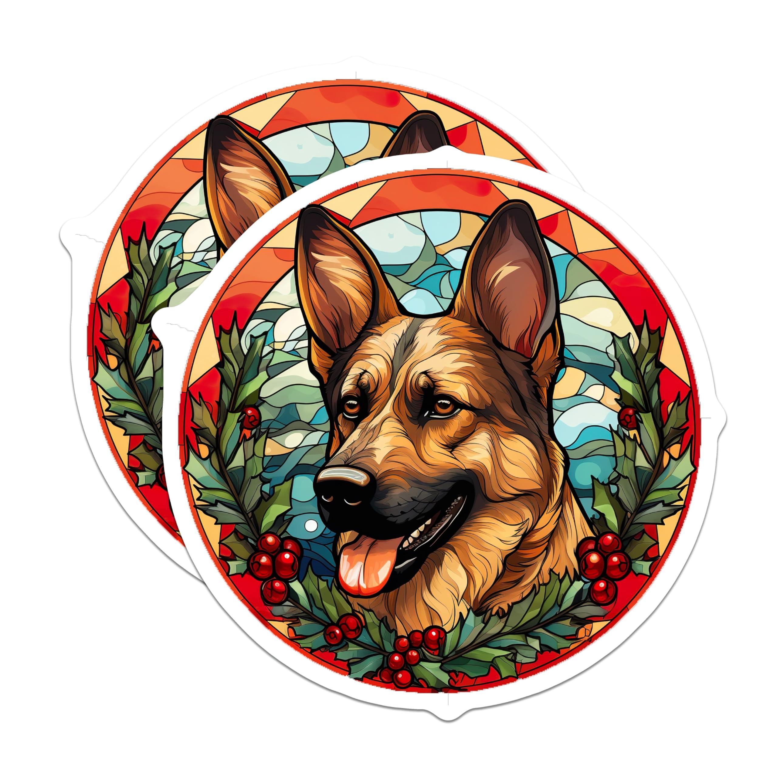 (2 Pack) German Shepherd Magnets - Stained Glass Dog Art - Christmas Fridge Decor - 5 Inches On Longest Side - Thick Durable Magnet - Made in USA - MAG27242