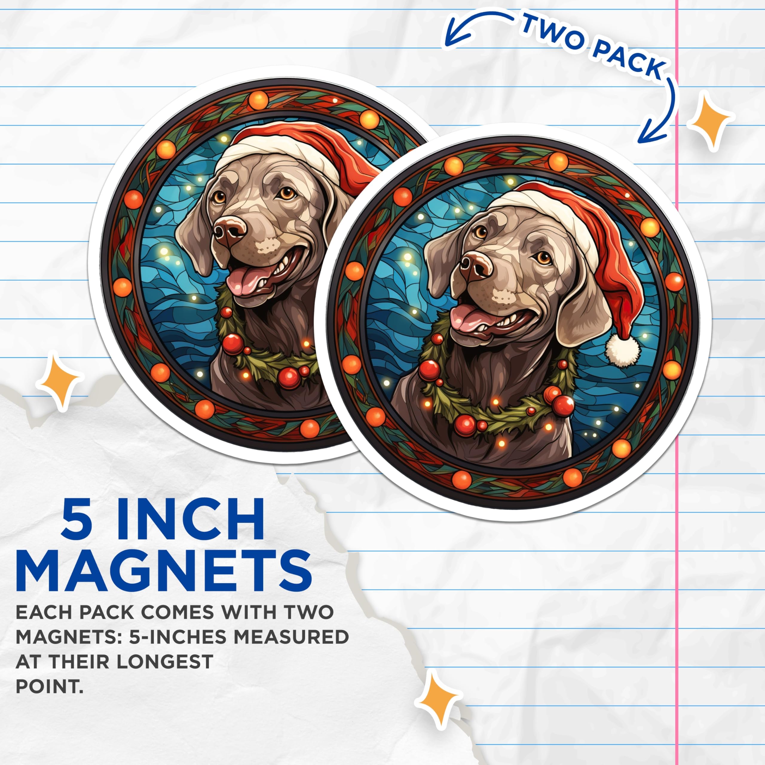 (2 Pack) Christmas Labrador Magnets - Santa Hat Dog Decor - Stained Glass Pet Refrigerator Magnets - 5 Inches On Longest Side - Thick Durable Magnet - Made in USA - MAG28516