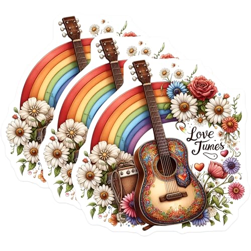 (3 Pack) Guitar Decals - Rainbow Sticker - Love Tunes Decals - 3 Inches On Longest Side - Easy Peel & Apply - Made in USA - 3MCS7608