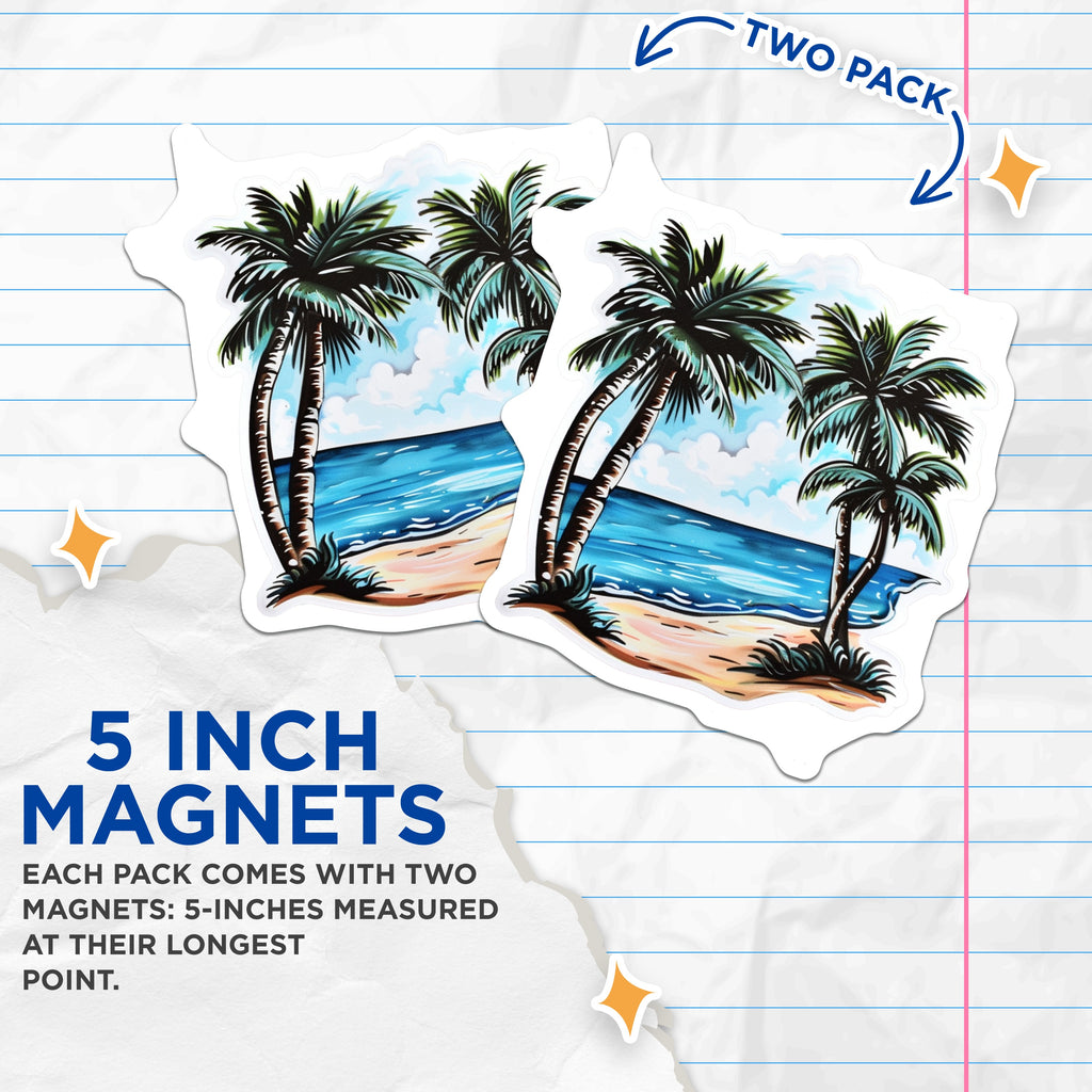 (2 Pack) Tropical Beach Magnets - Palm Tree Ocean Scene - Summer Vacation Decor - Refrigerator Locker Accent - 5 Inches On Longest Side - Thick Durable Magnet - Made in USA - MAG39291