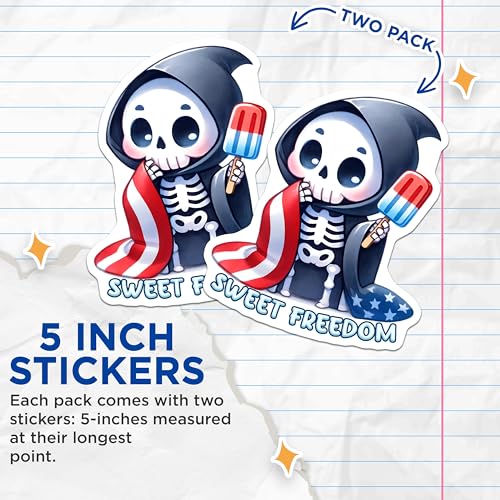 (2 Pack) Sweet Freedom Stickers - Cute Skeleton with Popsicle - Patriotic Art Design - 5" On Longest Side - Sticks to Smooth Flat Surfaces - Made in USA - BMCS7912