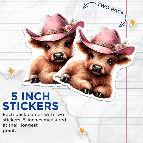 (2 Pack) Cute Cowboy Cow Stickers - Adorable Animal Cartoon Stickers - Kawaii Farm Animal Decor - 5" On Longest Side - Sticks to Any Smooth Flat Surface - Made in USA - BMCS3611