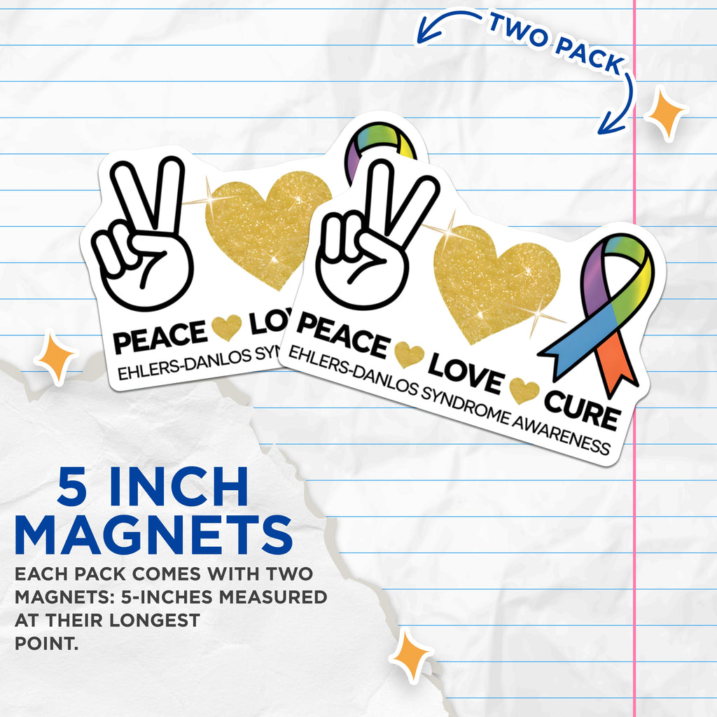 (2 Pack) Ehlers Danlos Syndrome Awareness Magnets - Peace Love Cure Chronic Illness Support - EDS Spoonie Decor - 5 Inches On Longest Side - Thick Durable Magnet - Made in USA - MAG39984