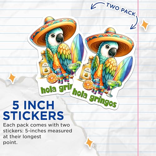 (2 Pack) Hola Gringos Parrot Stickers - Tropical Party Decor - Mexican Fiesta Theme - 5" On Longest Side - Sticks to Smooth Flat Surfaces - Made in USA - BMCS8217