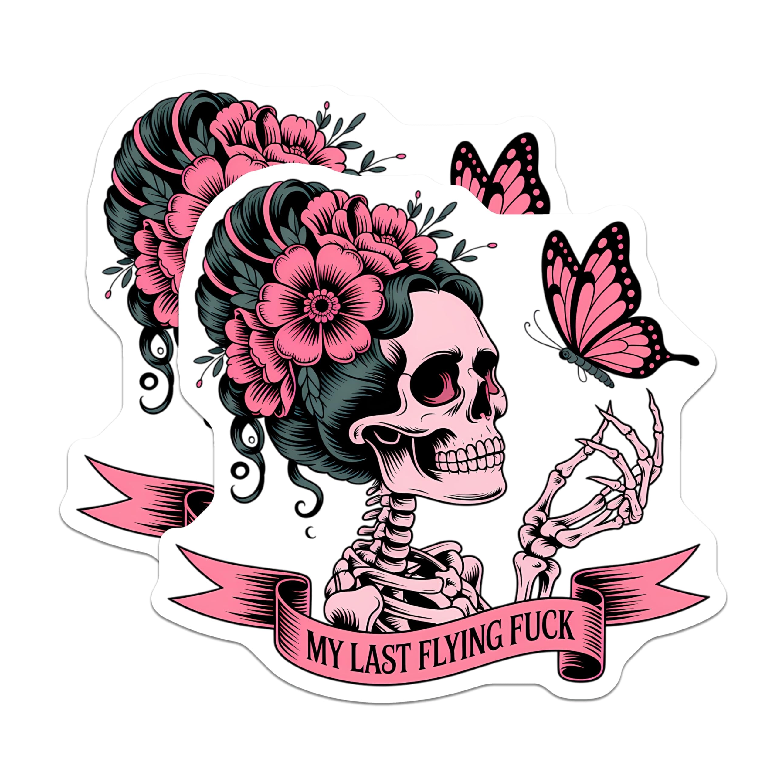 (2 Pack) Edgy Skeleton Magnets - My Last Flying Fuck Humor - Floral Pink Butterfly Skull - Quirky Refrigerator Home Decor - 5 Inches On Longest Side - Thick Durable Magnet - Made in USA - MAG22688