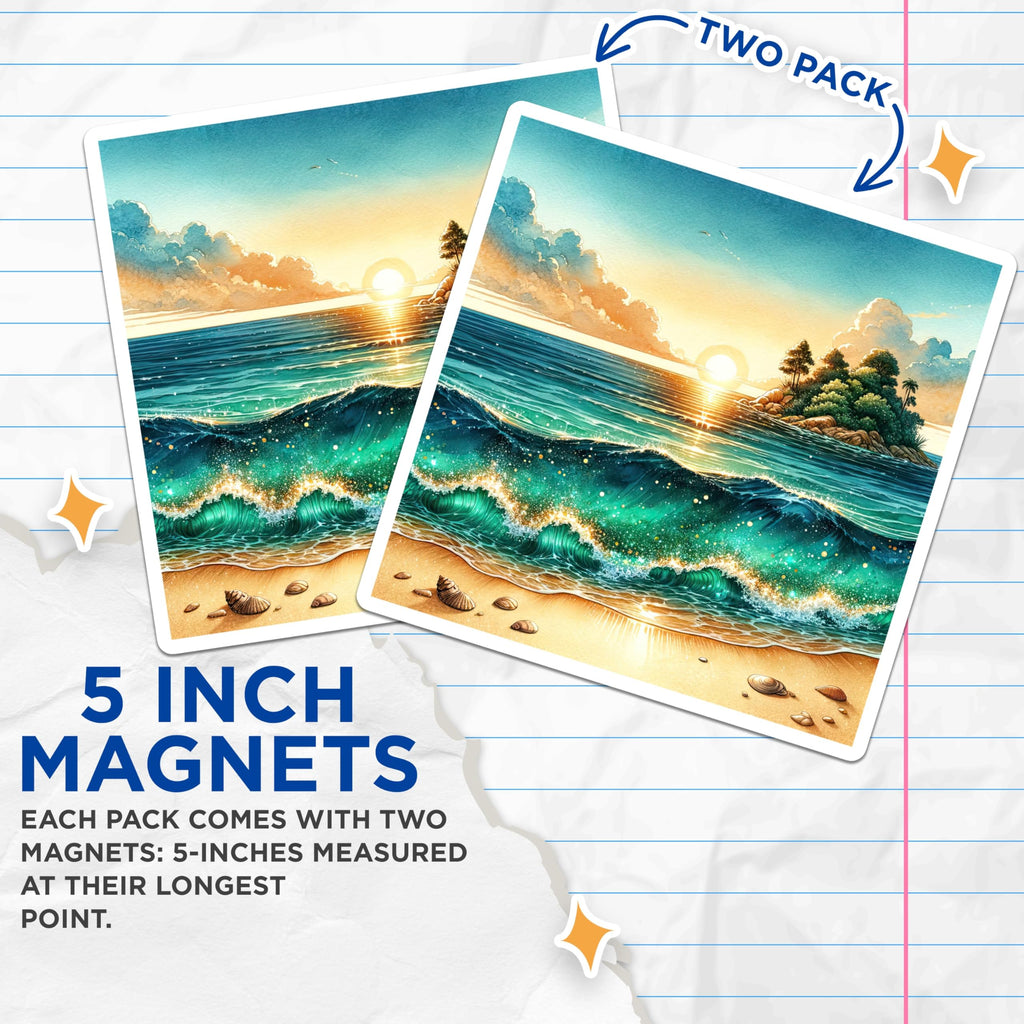 (2 Pack) Beach Scene Magnets - Watercolor Ocean Waves - Tropical Sunset Art - Coastal Kitchen Decor - 5 Inches On Longest Side - Thick Durable Magnet - Made in USA - MAG26221