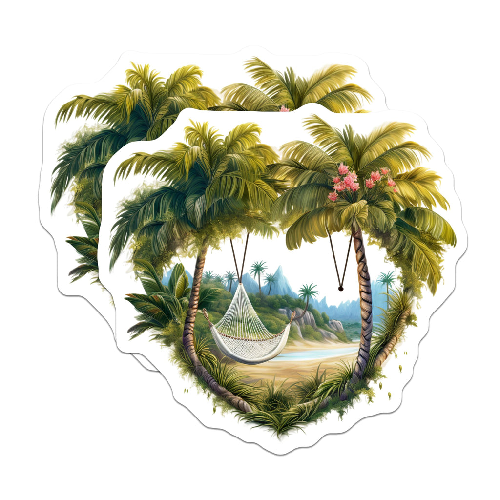 (2 Pack) Tropical Beach Magnets - Palm Tree Hammock Decor - Island Escape Refrigerator Art - Ocean Breeze Heart Scene - 5 Inches On Longest Side - Thick Durable Magnet - Made in USA - MAG19961