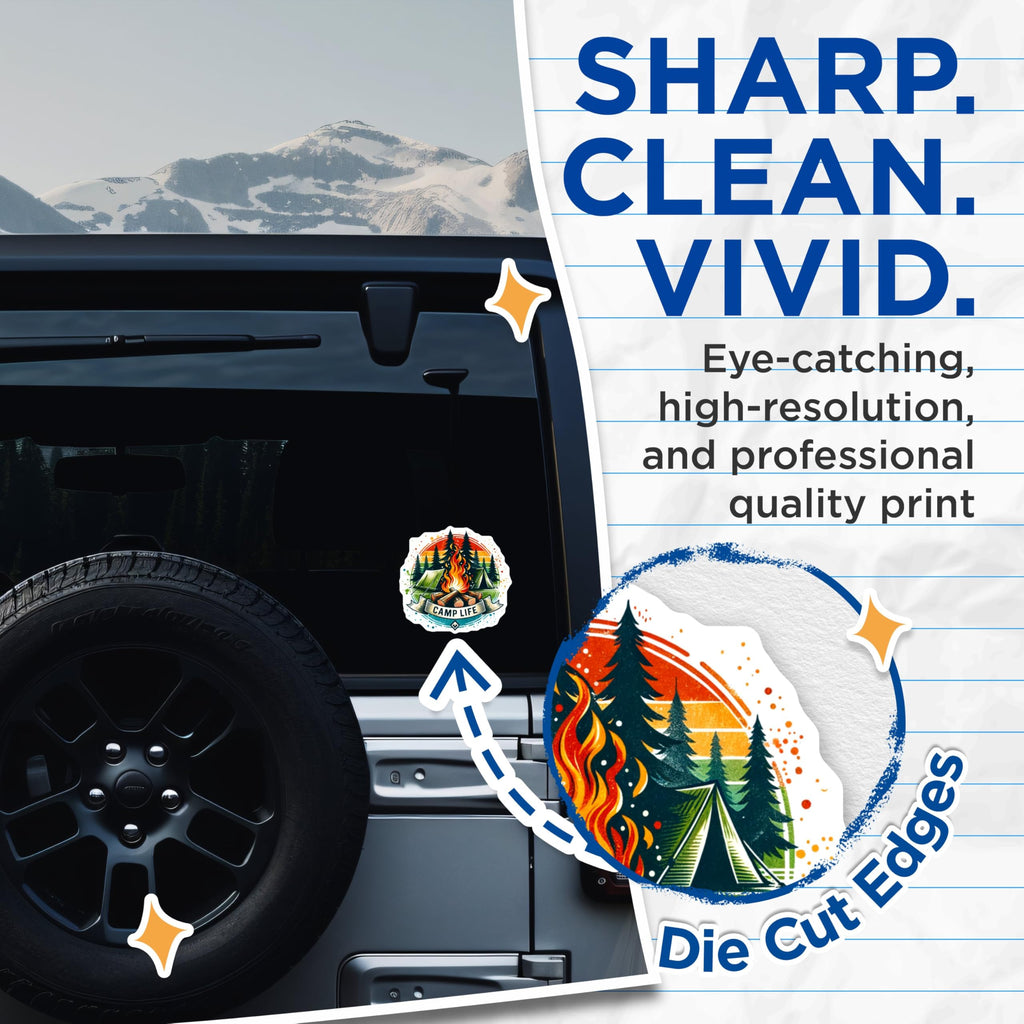 (2 Pack) Camp Life Stickers - Camping Adventure - Outdoor Campfire Scene - Nature Tent Stickers - 5" On Longest Side - Sticks to Smooth Flat Surfaces - Made in USA - BMCS7083