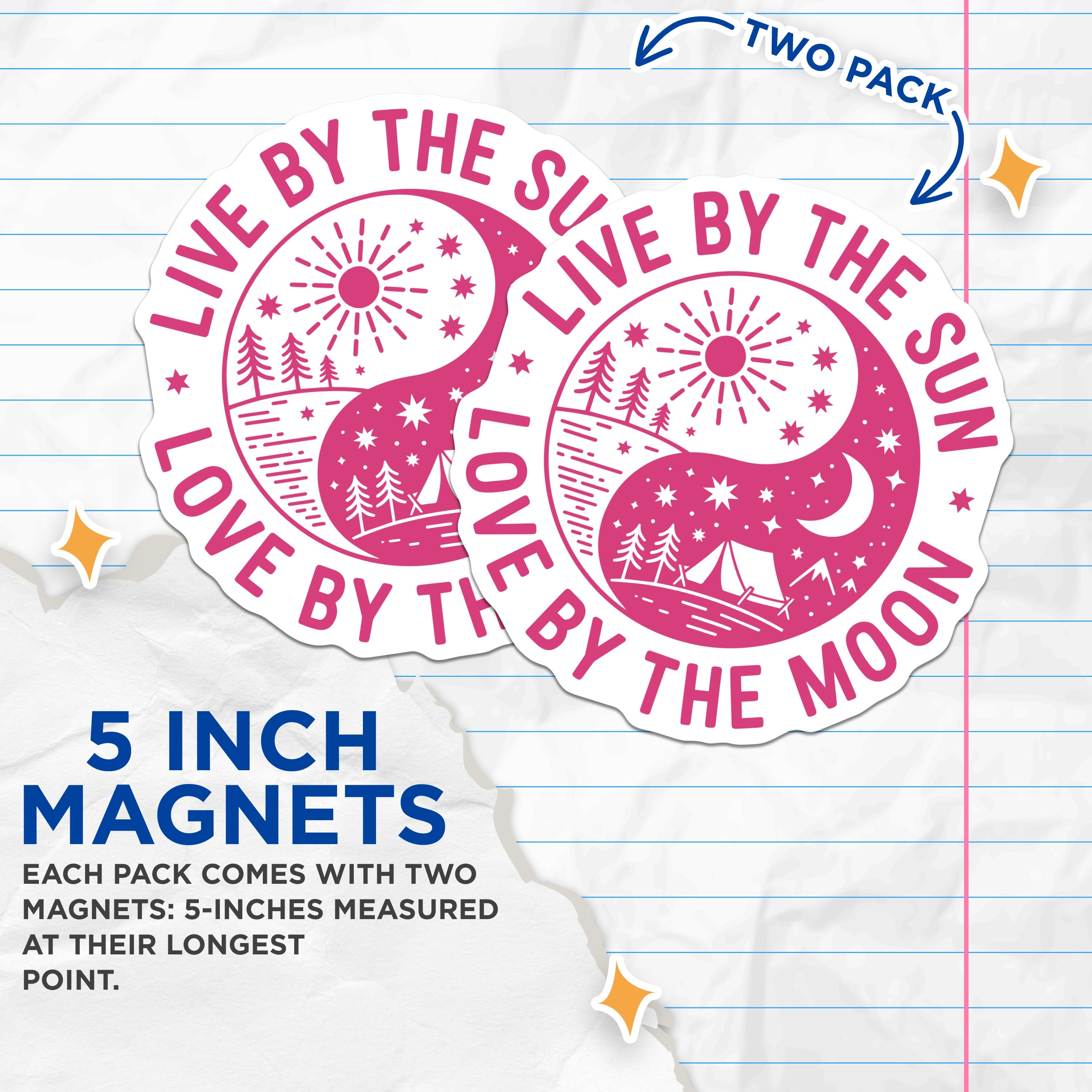 (2 Pack) Live by the Sun Love by the Moon Magnets - Celestial Nature Art - Outdoor Camp Vibes - 5 Inches On Longest Side - Thick Durable Magnet - Made in USA - MAG39270