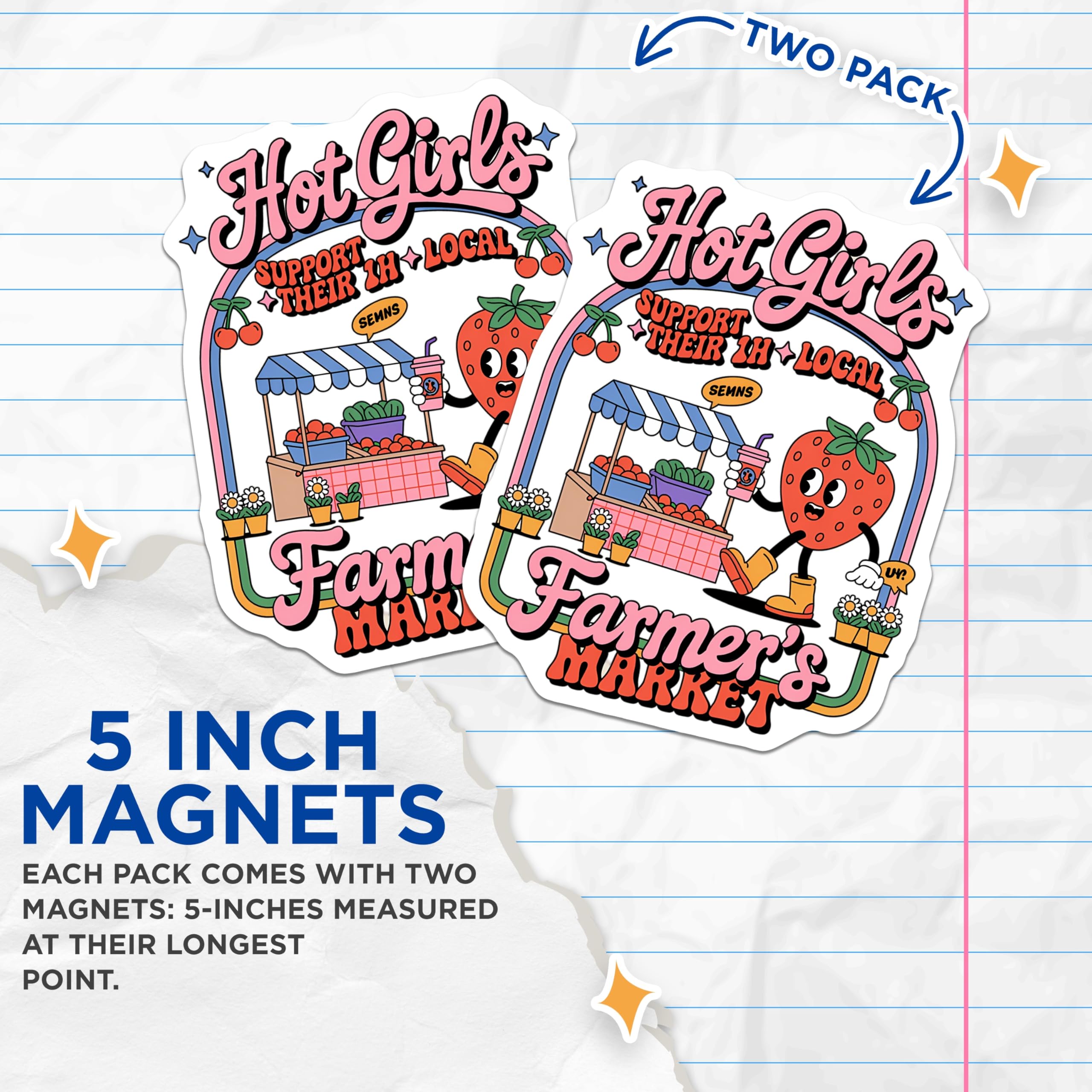(2 Pack) Hot Girls Farmer's Market Magnets - Local Support Strawberry Design - Retro Groovy Aesthetic - 5 Inches On Longest Side - Thick Durable Magnet - Made in USA - MAG22296