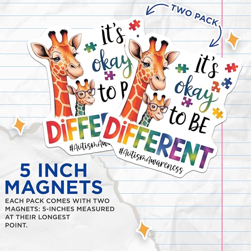 (2 Pack) It's Okay to Be Different Magnet - Colorful Giraffe Design - Inclusive Message - 5" On Longest Side - Sticks to Smooth Flat Surfaces - Made in USA - MAG10054