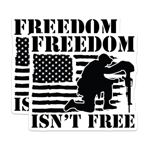 (2 Pack) Freedom Isn't Free Stickers - Patriotic Military Stickers - American Flag Soldier Stickers - 5" On Longest Side - Sticks to Smooth Flat Surfaces - Made in USA - BMCS4889