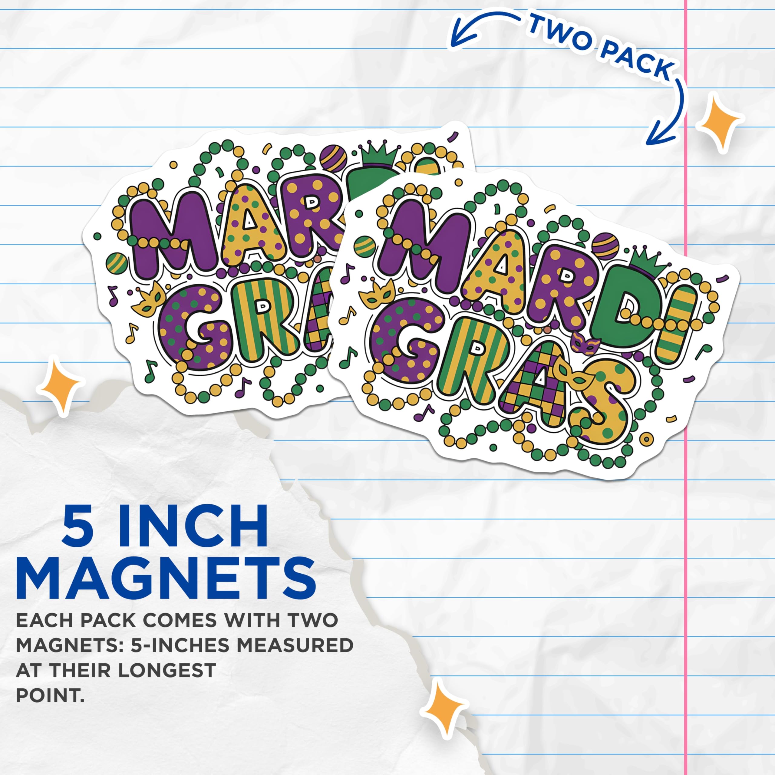 (2 Pack) Mardi Gras Magnets - Celebration Magnets - Party Decor Magnets - 5" On Longest Side - Premium Magnet - for Cars, Refrigerators, Toolboxes, Lockers - Made in USA - MAG15470