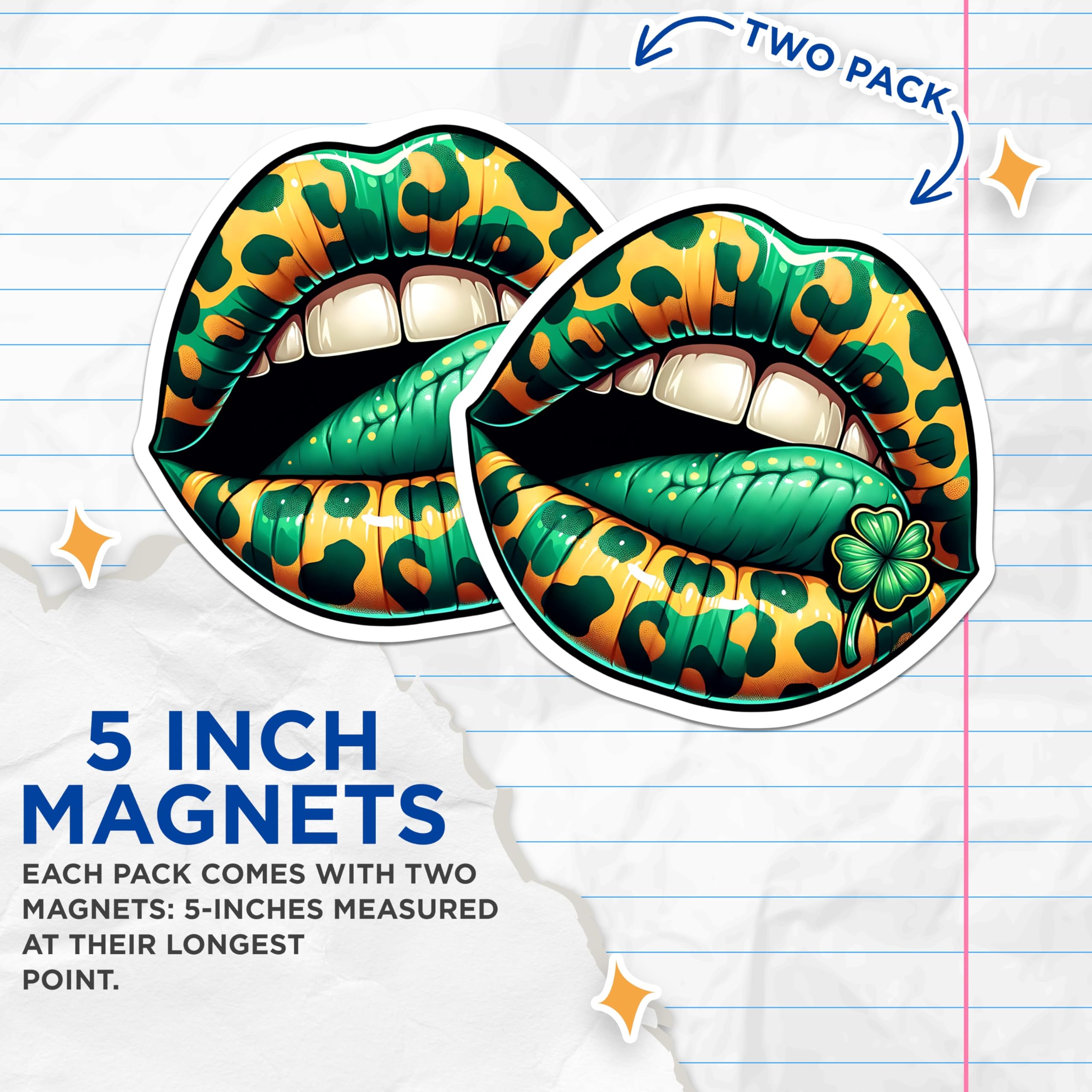 (2 Pack) Lips and Clover Magnets - Leopard Print Mouth - St Patricks Day Lucky Home Decor - 5" On Longest Side - Premium Magnet - for Cars, Refrigerators, Toolboxes, Lockers - Made in USA - MAG16720