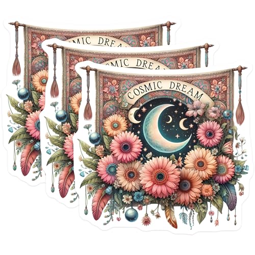 (3 Pack) Cosmic Dream Decals - Moon and Flowers Decal - Laptop Decal - 3 Inches On Longest Side - Easy Peel & Apply - Made in USA - 3MCS7644