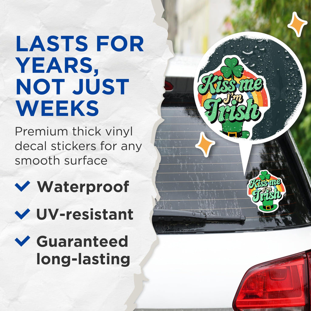 (2 Pack) Kiss Me I'm Irish Stickers - Saint Patrick's Day Stickers - Irish Pride Decals with Shamrock and Rainbow - 5" On Longest Side - Sticks to Smooth Flat Surfaces - Made in USA - BMCS3921