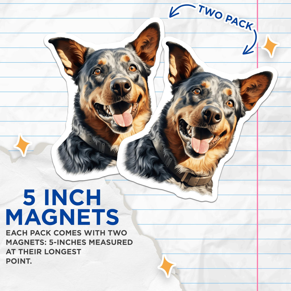 (2 Pack) Blue Heeler Dog Magnets - Australian Cattle Dog Decor - Pet Lover Kitchen Art - 5 Inches On Longest Side - Thick Durable Magnet - Made in USA - MAG25517