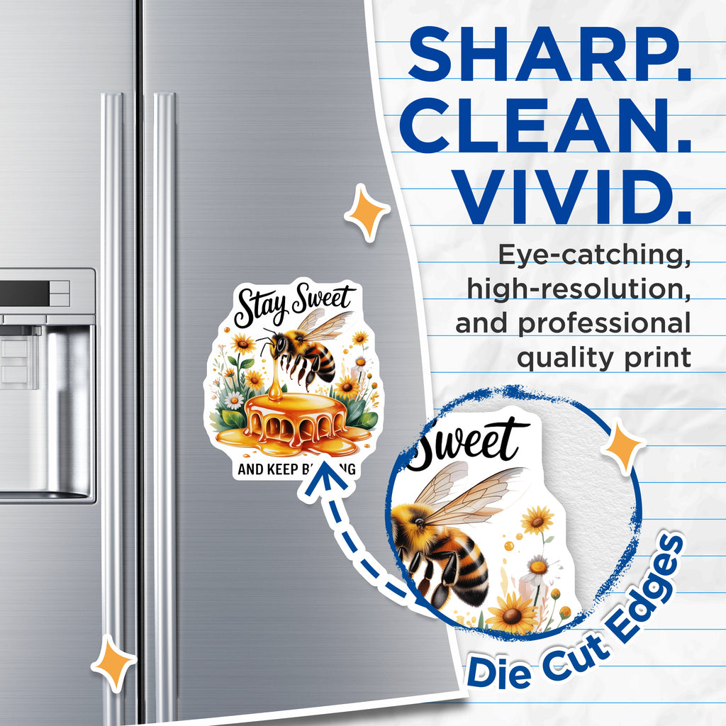 (2 Pack) Stay Sweet Bee Magnets - Honeycomb Design - Inspirational Quote - Kitchen Decor - Nature Lover Fridge - 5 Inches On Longest Side - Thick Durable Magnet - Made in USA - MAG37343