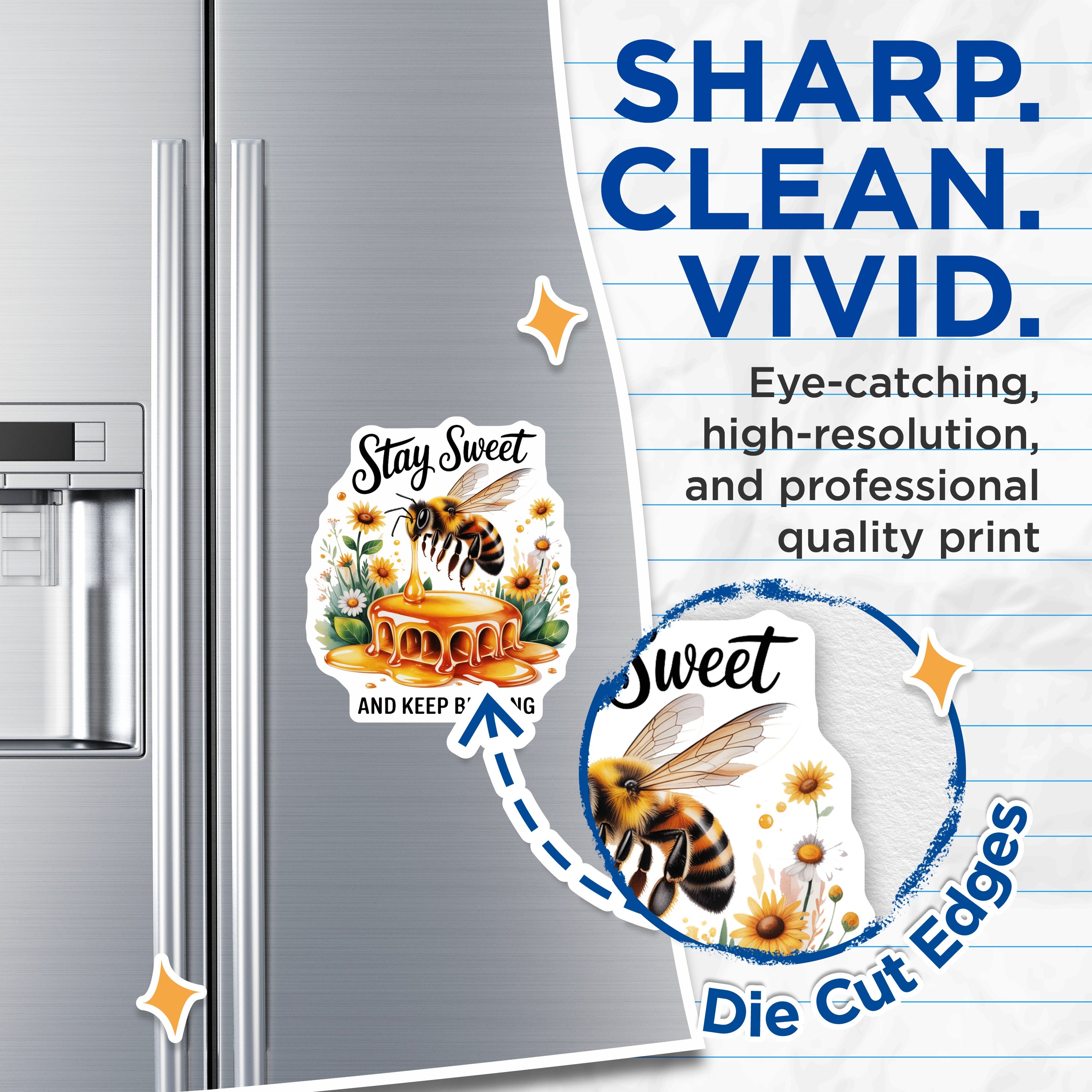 (2 Pack) Stay Sweet Bee Magnets - Honeycomb Design - Inspirational Quote - Kitchen Decor - Nature Lover Fridge - 5 Inches On Longest Side - Thick Durable Magnet - Made in USA - MAG37343