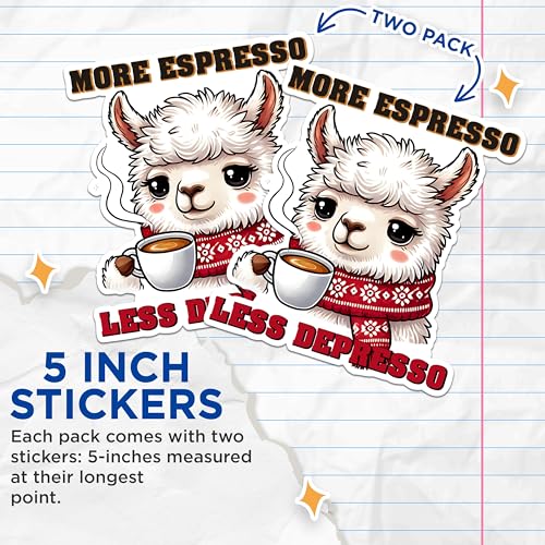 (2 Pack) More Espresso Less Depresso Stickers - Cute Llama Coffee Stickers - Funny Espresso Humour Stickers - 5" On Longest Side - Sticks to Any Smooth Flat Surface - Made in USA - BMCS2780