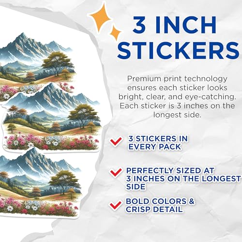 (3 Pack) Mountain View Decals - Floral Meadow Stickers - Laptop Art Decals - 3 Inches On Longest Side - Easy Peel & Apply - Made in USA - 3MCS1158