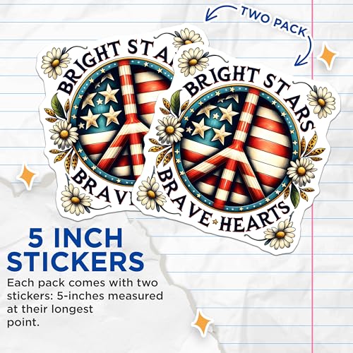 (2 Pack) Bright Stars Brave Hearts Stickers - Peace Sign USA Flag Stickers - Inspirational Patriotic Stickers - 5" On Longest Side - Sticks to Smooth Flat Surfaces - Made in USA - BMCS9662