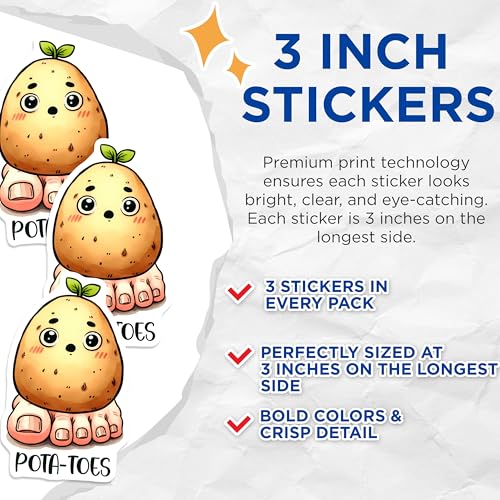 (3 Pack) Pota-Toes Decals - Funny Food Decals - Cute Potato Decal - 3 Inches On Longest Side - Easy Peel & Apply - Made in USA - 3MCS6354
