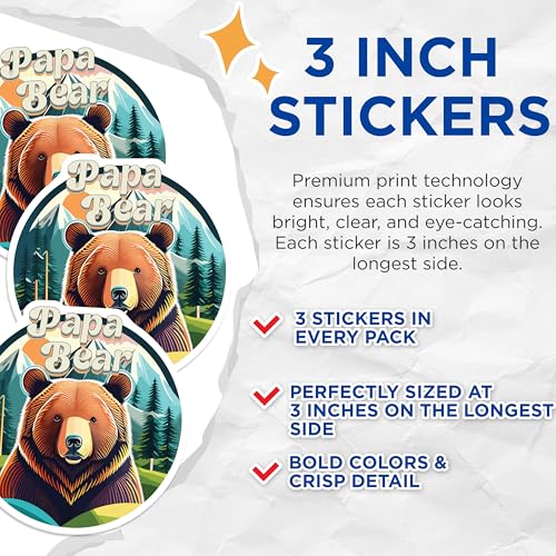 (3 Pack) Papa Bear Decals - Father Figure - Wildlife Animal Graphic - 3 Inches On Longest Side - Easy Peel & Apply - Made in USA - 3MCS2977