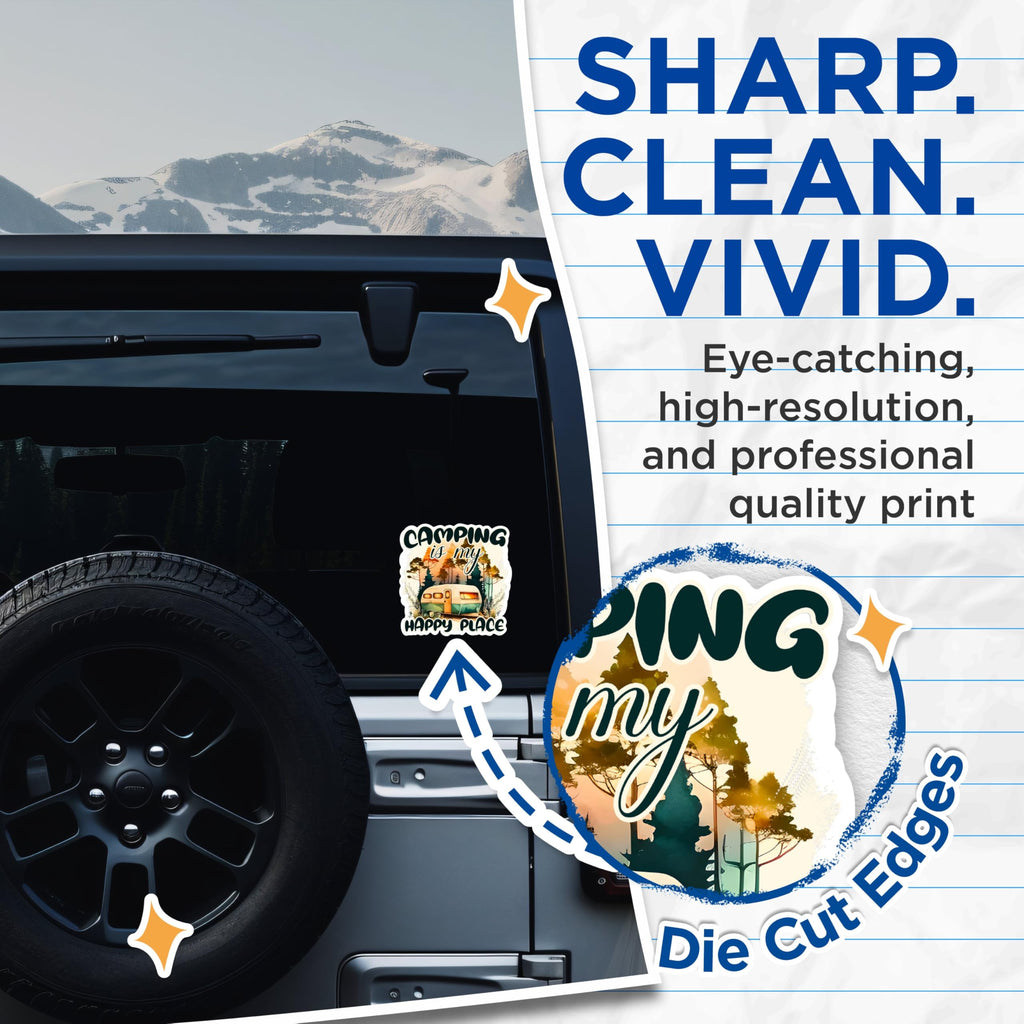 (2 Pack) Camping is My Happy Place Stickers - Camper Van Stickers - Outdoor Adventure Stickers - 5" On Longest Side - Sticks to Any Smooth Flat Surface - Made in USA - BMCS2888